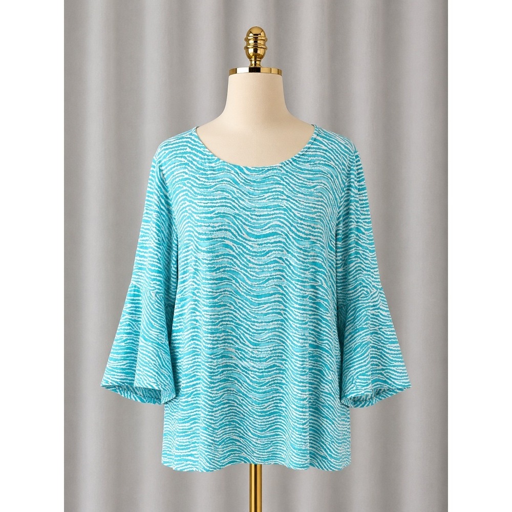 Belle Kim Gravel Tripleluxe‎ Knit Wave Print Bell Sleeve Top 3X Turquoise